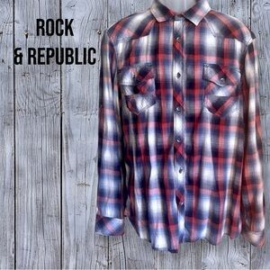 Rock & Republic Plaid Red Blue Button Down Long-sleeve Shirt Size XL